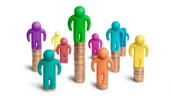 Different colored people standing on varying stacks of money Different colored people standing on varying stacks of money