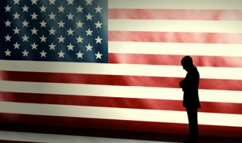 Person standing ahead american flag Person standing ahead american flag