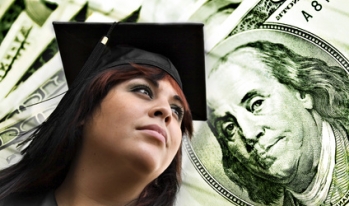 Student looking into distance with hundred dollar bill in background Student looking into distance with hundred dollar bill in background