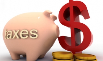 Piggy bank labeled "Taxes" standing by dollar sign Piggy bank labeled "Taxes" standing by dollar sign
