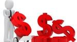 Man moving dollar signs into a stack Man moving dollar signs into a stack