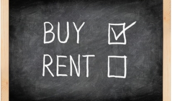 Buy vs. Rent Chalkboard with buy and rent, and a checkmark by buy
