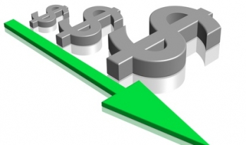 Downwards arrow with larger money Row of dollar signs growing as arrow underneath goes downwards